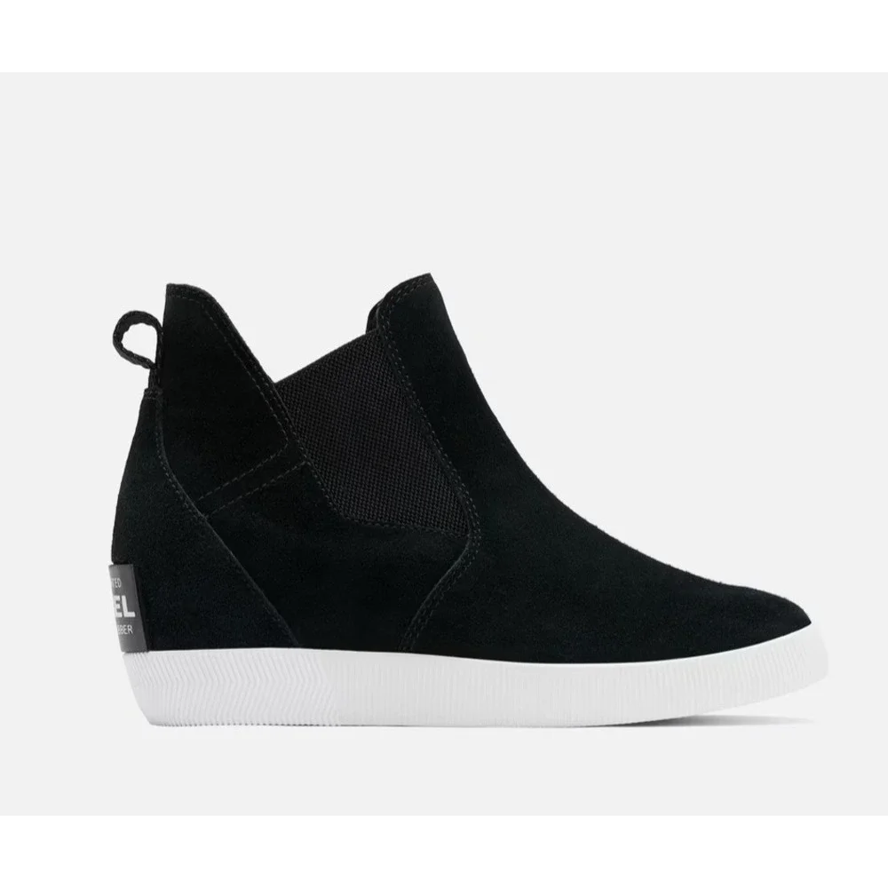 SOREL® (Women's 6)‎ Out N About™ Waterproof Slip-On Wedge Bootie in Black/White